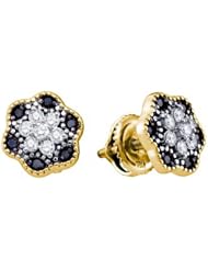 10K Yellow Gold 0.29CT Black Diamond Flower Design Micro-Pave Earrings