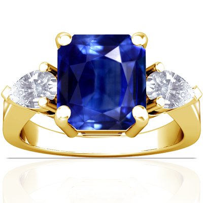 14K Yellow Gold Emerald Cut Blue Sapphire Three Stone Ring
