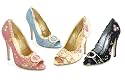 418-Tori Floral Print Peep Toe Pumps With Rhinestone Buckle and Ruffled Lace Trim High Heel Shoes