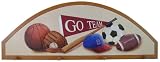 Sports wood three dimensional hanger coat rack with 4 hooks featuring baseball, football, soccer