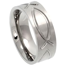 Titanium 8 mm (5/16 in.) Comfort Fit Flat Wedding Band Ring with Ichthys Christian Fish (Available in Sizes 6 to14), size 6: Jewelry