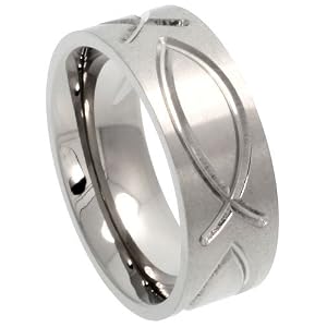 Titanium 8 mm (5/16 in.) Satin finish Band with Christian Fish All Around