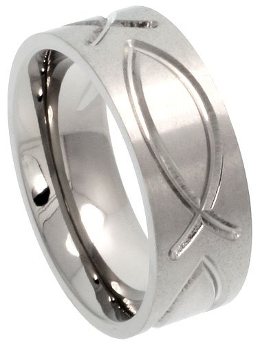 Titanium 8 mm (5/16 in.) Comfort Fit Flat Wedding Band Ring with Ichthys Christian Fish (Available in Sizes 6 to14), size 10.5