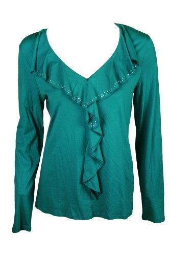 Jones New York Women's V-Neck Long Sleeve Shirt Turquoise L
