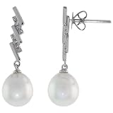 18k White Gold Pearl & Diamond Dangle Earrings, w/ .074 Carat Brilliant Cut Diamonds & 10x8mm White Pearls, 1 (25mm) tall