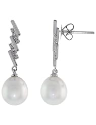 18k White Gold Pearl & Diamond Dangle Earrings, w/ .074 Carat Brilliant Cut Diamonds & 10x8mm White Pearls, 1" (25mm) tall