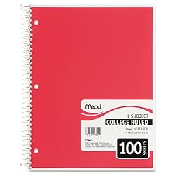 Mead Spiral Bound Notebook, College Rule, 8-1/2 x 11, Assorted colors, 100 Sheets/Pad (06622)