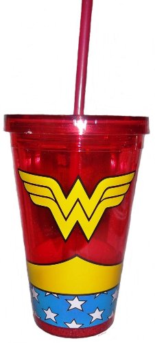 DC Comics WONDER WOMAN Logo Insulated 16oz TUMBLER w/ Lid & Straw