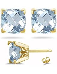 3.90 Cts of 8 mm AA Cushion Checker Board Aquamarine Scroll Stud Earrings in 14K Yellow Gold