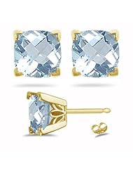 1.35 Cts of 6 mm AA Cushion Aquamarine Scroll Stud Earrings in 14K Yellow Gold