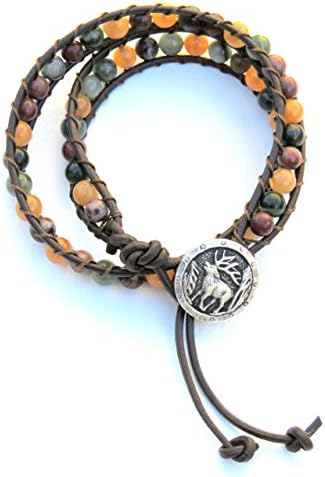 16" Leather Wrap Bracelet with Rustic Brown Leather, Natural Stones and Choice of Elk, Moose, or Gecko Pewter Clasp