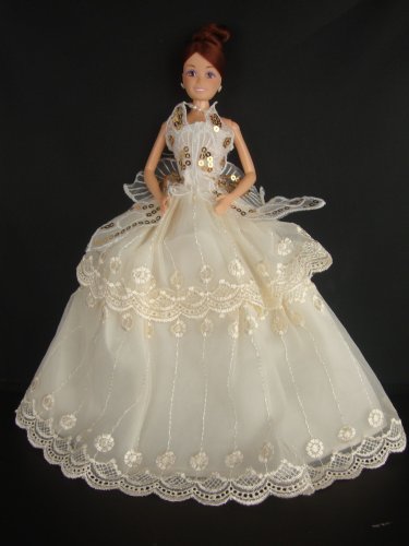 Ivory Ball Gown with White Lace Gold Sequin Details on the Botice Made to Fit the Barbie Doll
