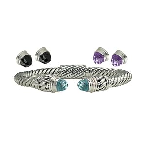 Sterling Silver Twist Bangle with Interchangeable Stone Set Blue Topaz Black Agate and Amethyst