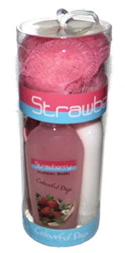 Strawberry Bath Gift Set - Shower Gel, Bath Lotion, Bubble Bath and Spa Scrubby Puff