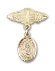 14K Gold Baby Badge with St. Christian Demosthenes Charm and Badge Pin with Cross
