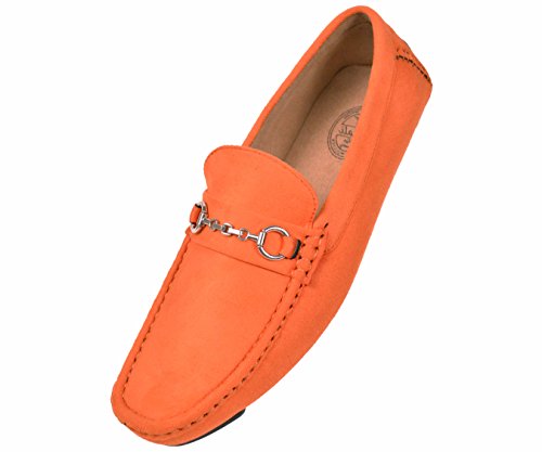 Amali Mens Casual Driving Moccasin Loafer in Orange Microfiber With Silver Chain Ornament: Style Ecker Orange-070
