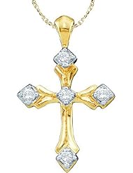 10k Yellow Gold Round Natural Diamond Christian Crucifix Cross Womens Charm Fashion Pendant with 18" Chain - .10 (1/10) Ct.t.w.