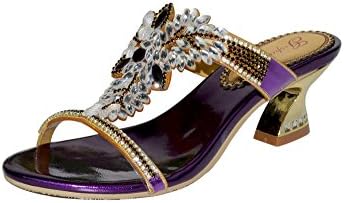 Unicrystal Women's Handmade Crystal Rhinestone Mid-Heel Slip On Party Prom Sandal Shoes Purple 9 M US