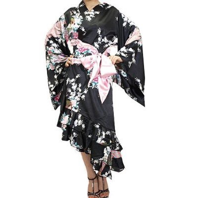 女度アップ花魁系サテン地アシンメトリ着物ロングドレス/黒/サイズＭ/as77
