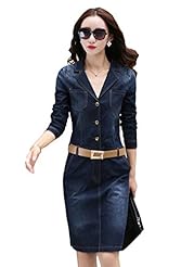 Denim Long Sleeves Spring Fall Belted  Shirt  Dress