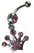 Pink Crystal CZ Dangle Belly Button Navel Ring Bar Silver - Crown Royalty Belly Button