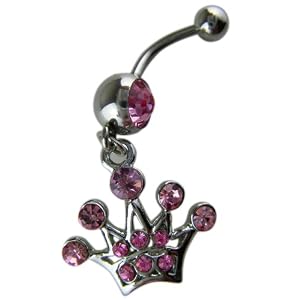 Pink Crystal CZ Dangle Belly Button Navel Ring Bar Silver - Crown Royalty Belly Button
