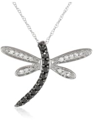 10k White Gold Black and White Diamond Dragonfly Pendant Necklace (1/5 cttw), 18"