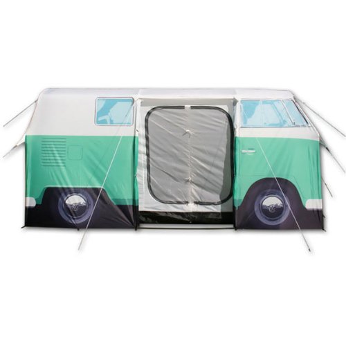 VW Camper Van Tent. Peppermint Green. Sleeps 4 Persons. Officially licensed by Volkswagen and designed on the 1965 VW Camper Van. Quick and easy to erect. Hydrostatic Head Waterproof Rating 3000mm Roof. VW Camper Van Tent includes inner and outer tents, poles, pegs, rope and instructions.