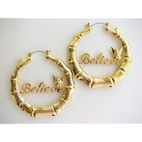 Disney Couture Gold Plated Bamboo Hoops Earrings With  BELIEVE  SCRIPT and Tinkerbell Kidada Jone's...