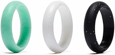 Camknn Women's Silicone Wedding Ring Bands -5mm Wide(2mm Thick)- Set of 3 for Women Glitter Flexible Comfort Sport Safety Ring (Turquoise White Black, 6)