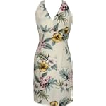 Sexy Halter Dress - Hibiscus Stephanotis Hawaiian Aloha Crisscross Back Fitted Halter Sundress in Beige - XS