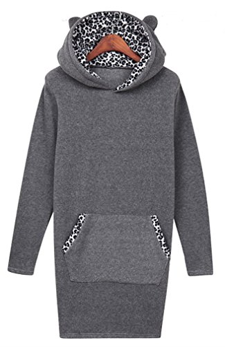 2015 春 あったか ネコ耳 パーカー 豹柄 スウェット チュニック ワンピース グレー ホワイト ブラック S M L XL 2XL