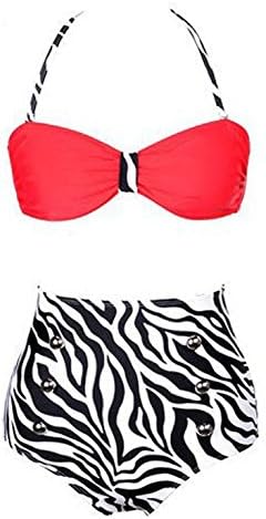 YauYau Vintage Bikini Swimwear Retro Swimsuit Cutest Set Z-Red + Zebra S=US XS