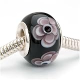Murano Style Glass Lampwork Bead Fits Pandora Black With Purple Flowers 14mm (1)