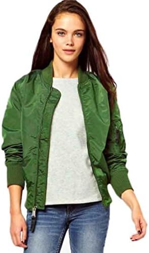 EKIMI Women's Stand Collar Long Sleeve Zipper Short Bomber Jacket Outwear (L, Green)