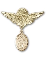 14K Gold Baby Badge with St. Joseph Charm and Angel with Wings Badge Pin