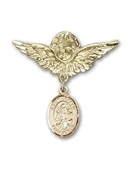 Gold Filled Baby Badge with St. Joseph Charm and Angel with Wings Badge Pin
