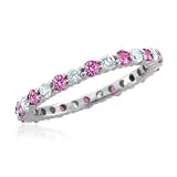 Natural Pink Sapphire Diamond Eternity Band Ring in 18k white Gold Band (G, SI1-SI2, 1.35 cttw) Certificate of Authenticity