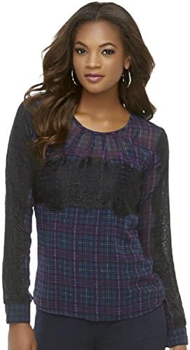 Kardashian Kollection Women's Long Sleeve Sheer Lace Overlay Blouse (M, Plaid)