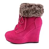 Damen Schuhe, STIEFELETTEN, PLATEAU KEIL WEDGES MIT FAUX FELL, HP137, Synthetik in hochwertiger Velour Leder Optik, Pink, Gr 38