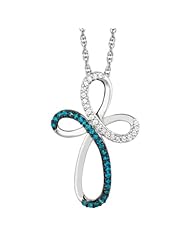 .925 Sterling Silver Blue & White Diamond Infinity Cross Pendant Necklace 18" 0.14ct