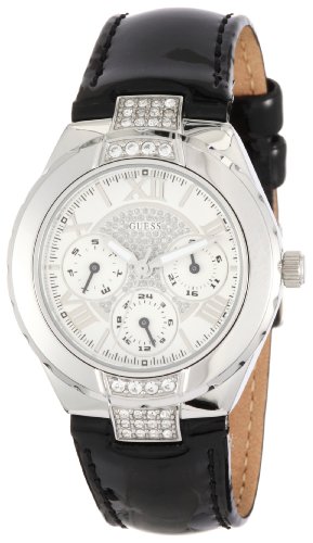 GUESS Women's W101226L1 Round Stainless-Steel Case, Black Patent Strap, Silver Dial, Crystal Accents Watch