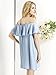 Clothink Women Blue Denim Cotton Off Shoulder Ruffle Plain Shift Dress