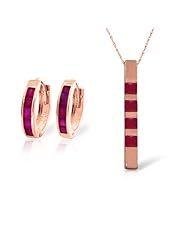 14k Rose Gold Jewelry Set: Natural Ruby Pendant Necklace and Huggie Hoop Earrings