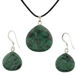 Green Laugna Lace Briolette Shaped Pendant and Earrings Set - 22mm Pendant, 15mm Earrings - Adjustable Cord Necklace