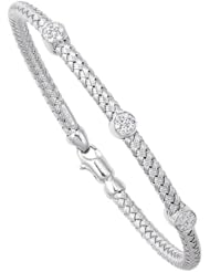 7.25" 14K White Gold 3.75mm (1/7") Round Tube Basket Weaved Diamond Accent w/ 0.20ct Diamond Fancy Bangle Bracelet w/ Fancy Lobster Clasp