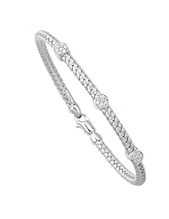 14K White Gold 7.25" 3.75mm Round Tube Basket Weaved Diamond Accent With 0.20Ct Diamond Fancy Bangle With Fancy Lobster Clasp