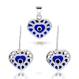 Bling Jewelry Sterling Silver Navy Blue Heart Evil Eye Filigree Earrings Pendant Set