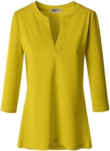 Doublju Womens 3/4 Sleeve Open Slit Neckline Fitted Span T-shirts