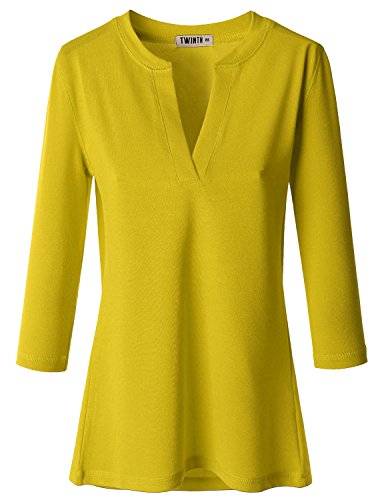 Doublju Womens 3/4 Sleeve Open Slit Neckline Straight Fitted Style T-shirts